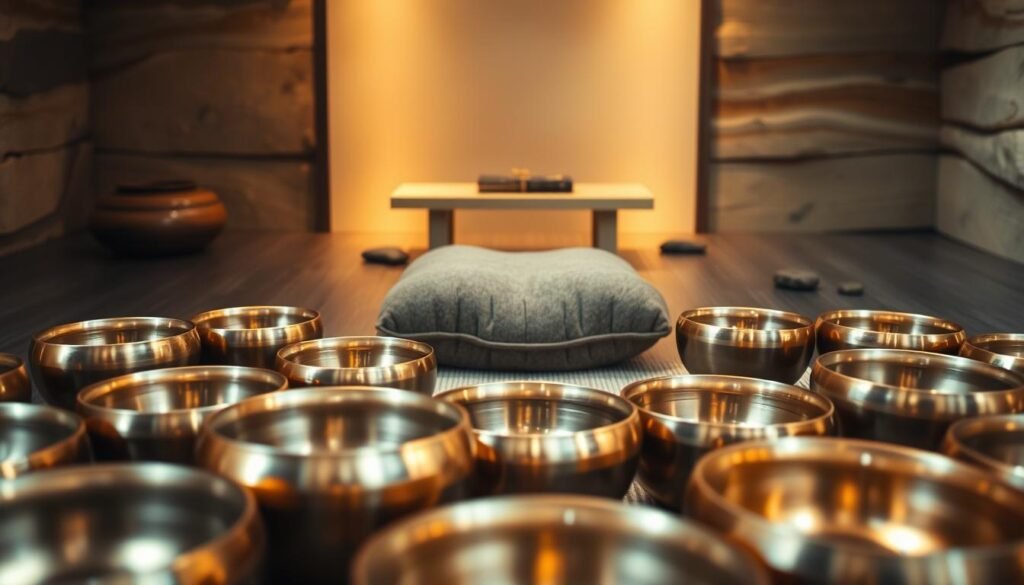 A serene meditation space filled with an assortment of handcrafted singing bowls in the foreground, arranged in a harmonious pattern. The bowls are made of polished bronze, their surfaces reflecting the warm, soft lighting that illuminates the scene. In the middle ground, a plush meditation cushion invites the viewer to sit and immerse themselves in the calming vibrations of the bowls. The background features a minimalist, zen-inspired setting with natural textures, such as smooth river stones and a simple wooden table, creating an atmosphere of tranquility and spiritual focus. The image conveys a sense of balance, harmony, and the potential for introspective, restorative meditation. A serene meditation space filled with an assortment of handcrafted singing bowls in the foreground, arranged in a harmonious pattern. The bowls are made of polished bronze, their surfaces reflecting the warm, soft lighting that illuminates the scene. In the middle ground, a plush meditation cushion invites the viewer to sit and immerse themselves in the calming vibrations of the bowls. The background features a minimalist, zen-inspired setting with natural textures, such as smooth river stones and a simple wooden table, creating an atmosphere of tranquility and spiritual focus. The image conveys a sense of balance, harmony, and the potential for introspective, restorative meditation.