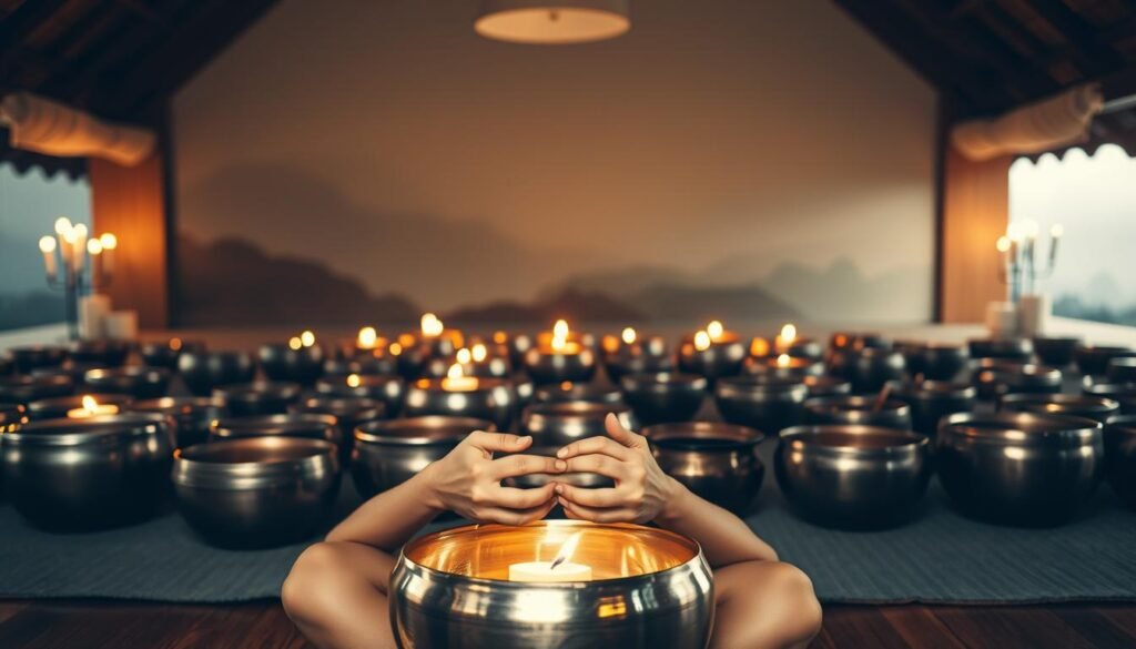 A serene meditation space filled with the calming presence of singing bowls. In the foreground, a person sitting cross-legged, hands gently resting on a polished bronze bowl, their eyes closed in a state of deep focus. Soft, warm lighting from candles and a diffused overhead source create a tranquil, introspective atmosphere. In the middle ground, an array of singing bowls of various sizes and tones, arranged in a harmonious pattern, their surfaces reflecting the flickering flames. The background fades into a hazy, ethereal landscape, suggesting a spiritual dimension beyond the physical realm.