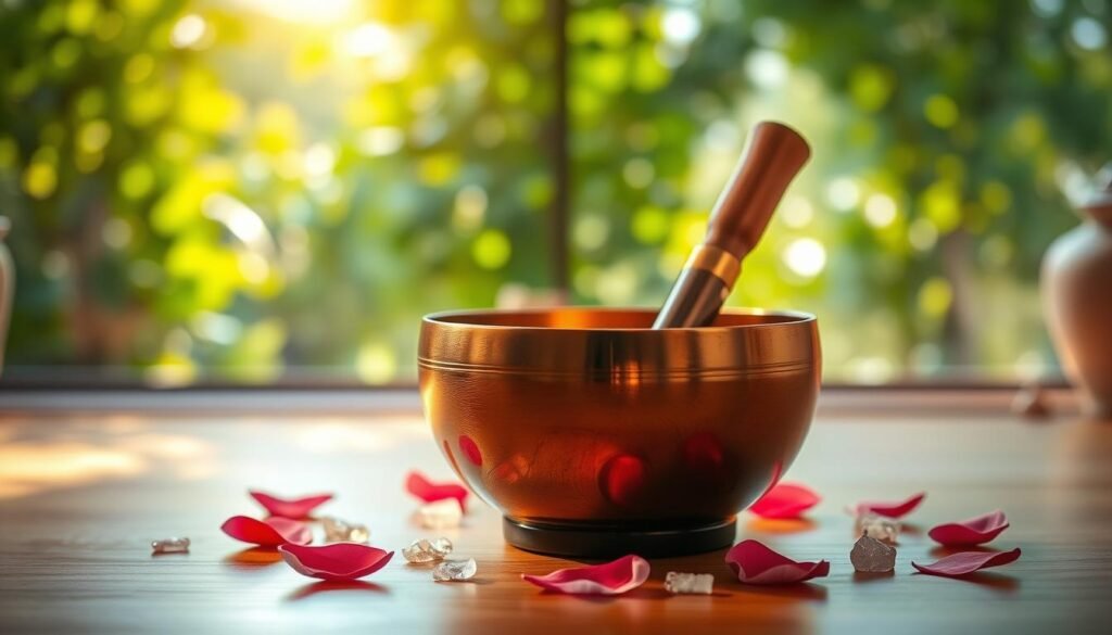 A serene meditation space with a wooden singing bowl positioned centrally, glowing softly under warm, natural lighting. The bowl's vibrant, metallic finish reflects the peaceful ambiance, surrounded by scattered rose petals and crystals. In the background, a blurred vista of lush, verdant foliage creates a tranquil, restorative atmosphere. The overall scene conveys a sense of harmony, inviting the viewer to immerse themselves in the soothing, meditative experience. A serene meditation space with a wooden singing bowl positioned centrally, glowing softly under warm, natural lighting. The bowl's vibrant, metallic finish reflects the peaceful ambiance, surrounded by scattered rose petals and crystals. In the background, a blurred vista of lush, verdant foliage creates a tranquil, restorative atmosphere. The overall scene conveys a sense of harmony, inviting the viewer to immerse themselves in the soothing, meditative experience.