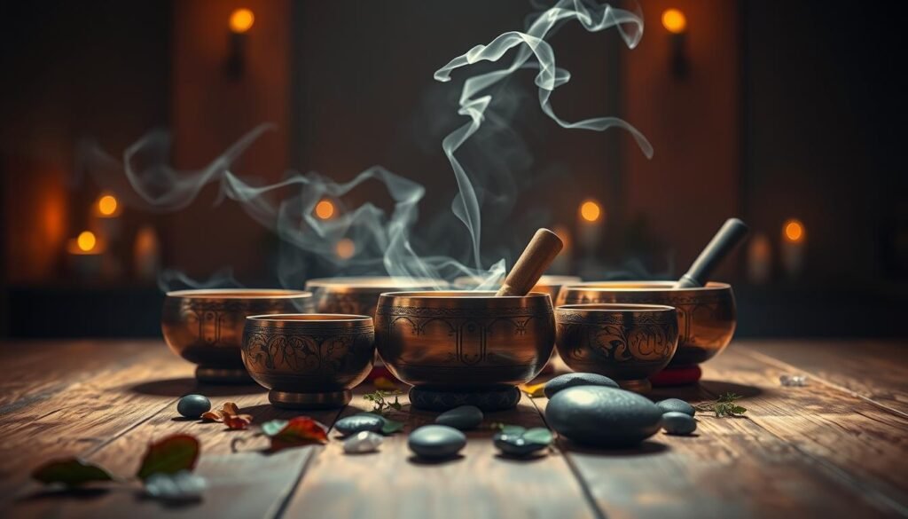A serene meditative space bathed in warm, soft lighting. At the center, a collection of ornate singing bowls of varying sizes arranged harmoniously. Gentle ripples emanate from the bowls, visualizing the power of their resonant tones. Wisps of incense curl through the air, heightening the tranquil atmosphere. The bowls are positioned on a wooden surface, complemented by natural elements like leaves, crystals, and river stones. The overall scene evokes a sense of grounding, intention, and the transformative energy of sound healing.