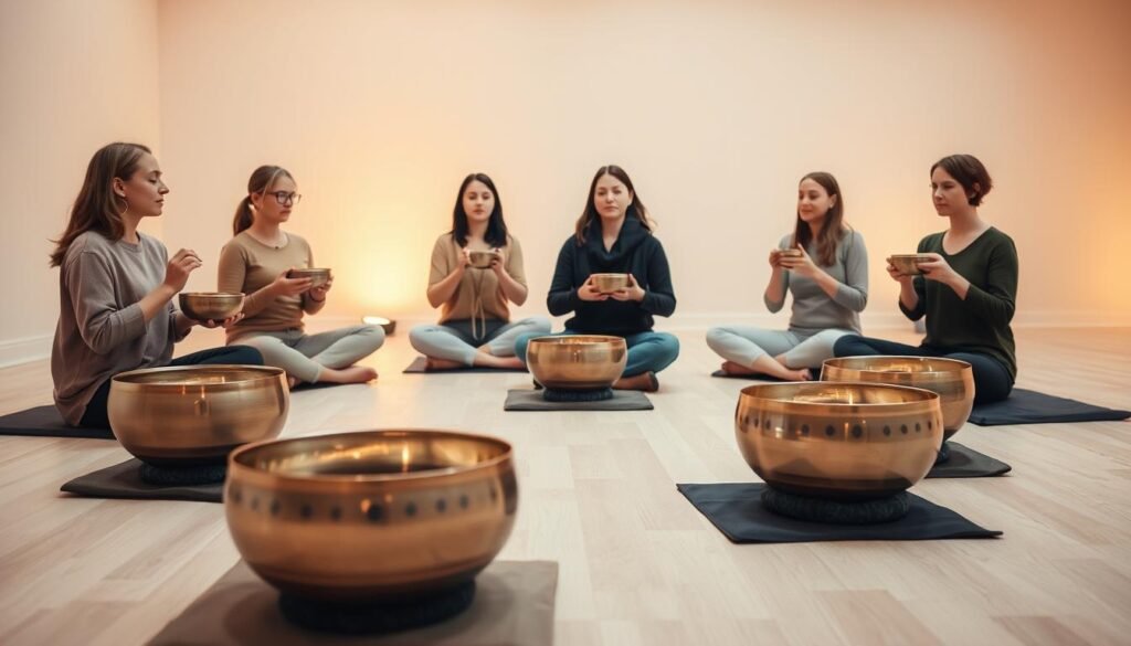 A serene, minimalist studio setting with soft, warm lighting illuminating a group of people seated in a circle, each holding a singing bowl. In the foreground, the bowls are positioned on meditation cushions, their metallic surfaces gleaming. In the middle ground, the students, dressed in comfortable, earth-toned clothing, are focused inward, eyes closed, as they gently strike the bowls, producing a soothing, resonant hum. The background features a calming, neutral-toned wall, adding to the tranquil atmosphere. The overall scene conveys a sense of mindfulness, introspection, and the healing power of sound.