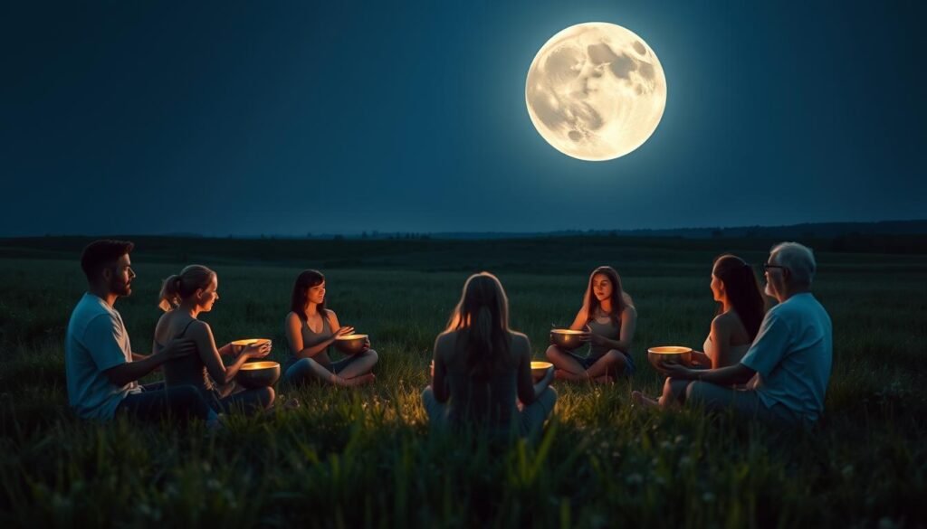 A serene moonlit meadow, with a group of individuals sitting in a circle, each holding a singing bowl. Soft, ambient lighting illuminates their tranquil faces as they engage in a soulful ritual, their melodies resonating through the still night air. In the background, the majestic full moon casts a silvery glow, casting long shadows across the landscape. The scene exudes a sense of deep, spiritual connection, inviting the viewer to join in the healing journey.