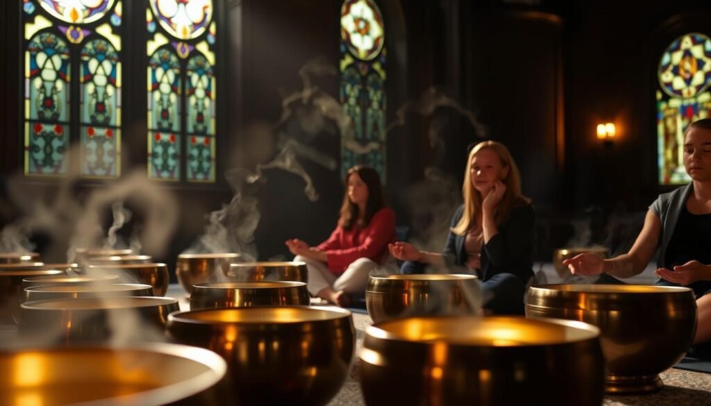 A serene ritual unfolds within a dimly lit sanctuary, the air reverberating with the soothing tones of sacred singing bowls. In the foreground, a group of individuals sit cross-legged, their hands delicately caressing the rims of the bowls, coaxing out ethereal vibrations that wash over the space. Soft, diffused lighting filters through stained glass windows, casting a warm, meditative glow on the scene. In the background, wisps of incense drift lazily, adding to the tranquil atmosphere. The participants' expressions are calm and introspective, their faces illuminated by the glow of the bowls, as they become one with the resonant hum, unlocking the profound healing power of this Full Moon ritual.