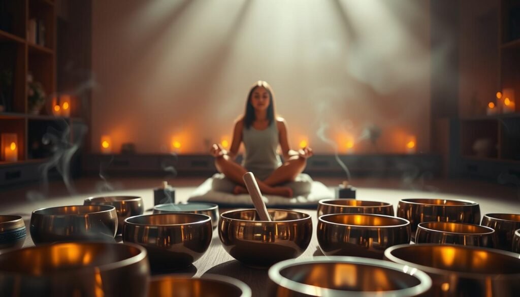 A serene sanctuary filled with the gentle glow of a meditation room. In the foreground, an assortment of gleaming singing bowls of various sizes and materials are arranged in a harmonious pattern, their surfaces reflecting the warm light. Wispy trails of fragrant incense curl through the air, creating a calming atmosphere. In the middle ground, a person sits cross-legged on a plush cushion, their hands resting gently on their lap as they focus inward, aligning their chakras through the resonant tones of the bowls. The background is shrouded in a soft, diffused light, creating a sense of tranquility and introspection, perfectly suited for this contemplative ritual.