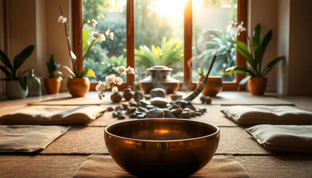 A serene sanctuary filled with the gentle glow of a singing bowl meditation space. The foreground features a polished bronze bowl, its surface reflecting the soft light as it emits a soothing, resonant tone. Surrounding the bowl, plush meditation cushions invite the practitioner to sit in quiet contemplation. The middle ground showcases an array of natural elements - smooth river stones, delicate orchids, and a wisp of fragrant incense - creating a calming, minimalist aesthetic. In the background, a large window frames a tranquil garden, with lush greenery and a trickling water feature, bathed in warm, natural illumination. The overall ambiance evokes a profound sense of inner peace and introspection, perfect for integrating singing bowl techniques into one's daily life.