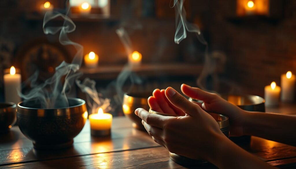 A serene sanctuary illuminated by warm candlelight, where a collection of singing bowls rests upon a wooden table, their surfaces etched with intricate mandalas. Wisps of incense curl through the air, creating an atmosphere of tranquility. In the foreground, a pair of delicate hands gently strike the bowls, coaxing forth a soothing, resonant hum that fills the space. The scene is bathed in a soft, diffused glow, evoking a sense of sacred ritual and inner harmony. The bowls and mantras work in concert, guiding the viewer towards a state of emotional and spiritual balance. A serene sanctuary illuminated by warm candlelight, where a collection of singing bowls rests upon a wooden table, their surfaces etched with intricate mandalas. Wisps of incense curl through the air, creating an atmosphere of tranquility. In the foreground, a pair of delicate hands gently strike the bowls, coaxing forth a soothing, resonant hum that fills the space. The scene is bathed in a soft, diffused glow, evoking a sense of sacred ritual and inner harmony. The bowls and mantras work in concert, guiding the viewer towards a state of emotional and spiritual balance.