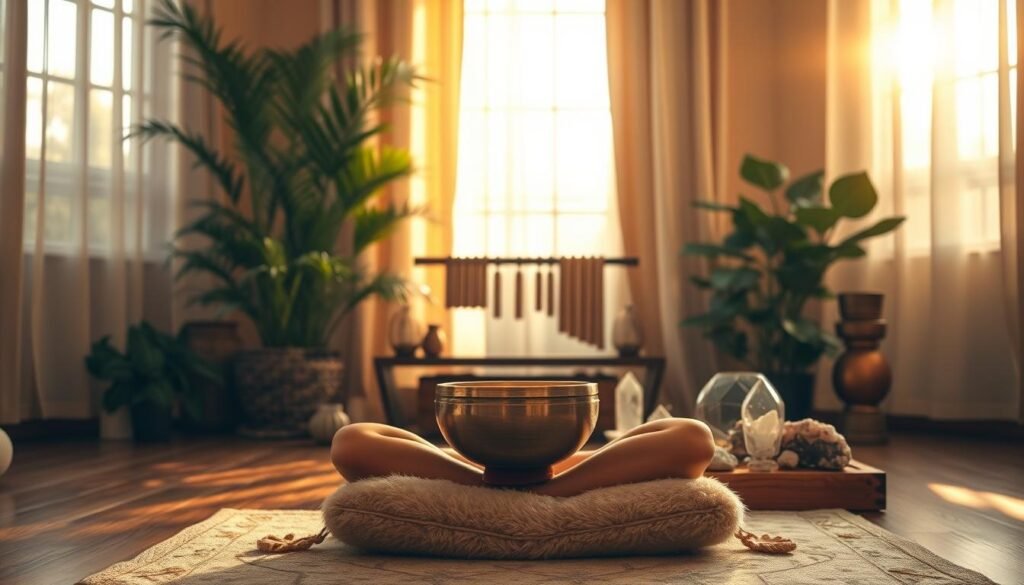 A serene sound healing studio, bathed in warm, golden light from a large window. In the foreground, a person sits cross-legged on a plush meditation cushion, holding a gleaming Tibetan singing bowl. The middle ground features an assortment of therapeutic crystals, chimes, and other sound healing tools arranged on a low table. In the background, lush potted plants and soft draperies create a calming, spa-like atmosphere. The scene evokes a sense of tranquility, introspection, and the transformative power of sound.