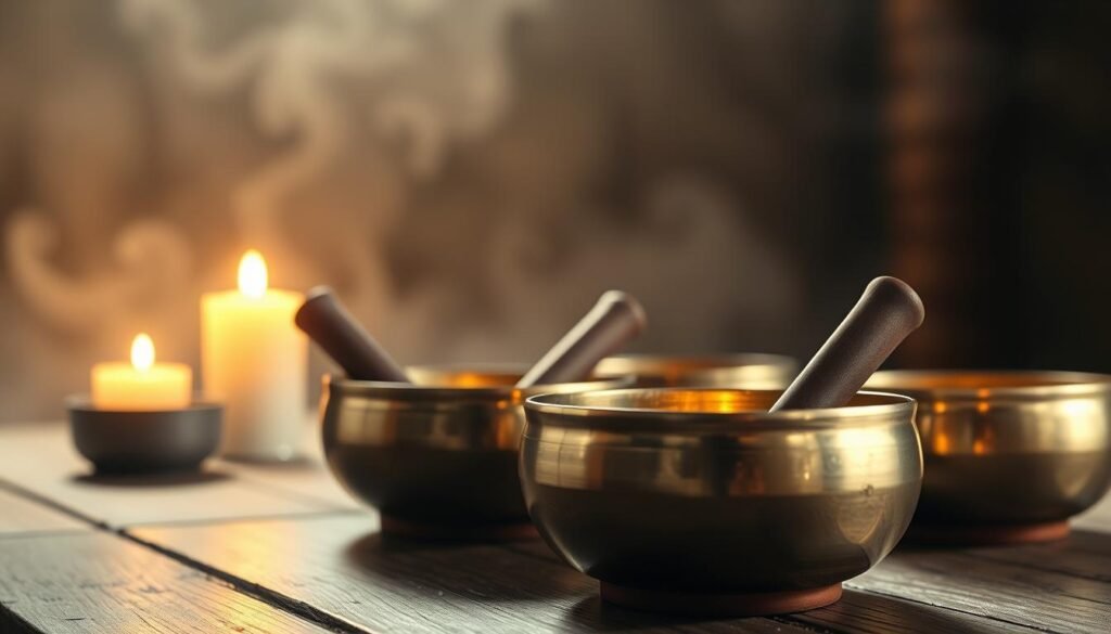 A serene still life scene of several ornate singing bowls in a dimly lit, meditative environment. The bowls are positioned on a wooden table, their burnished metallic surfaces reflecting the warm, soft lighting from a nearby candle. The background is hazy and atmospheric, with a subtle gradient of earthy tones, evoking a sense of tranquility and spiritual introspection. The camera angle is slightly elevated, creating a sense of contemplative observation. The overall mood is one of peaceful, introspective awakening, inviting the viewer to experience the calming resonance of the singing bowls.