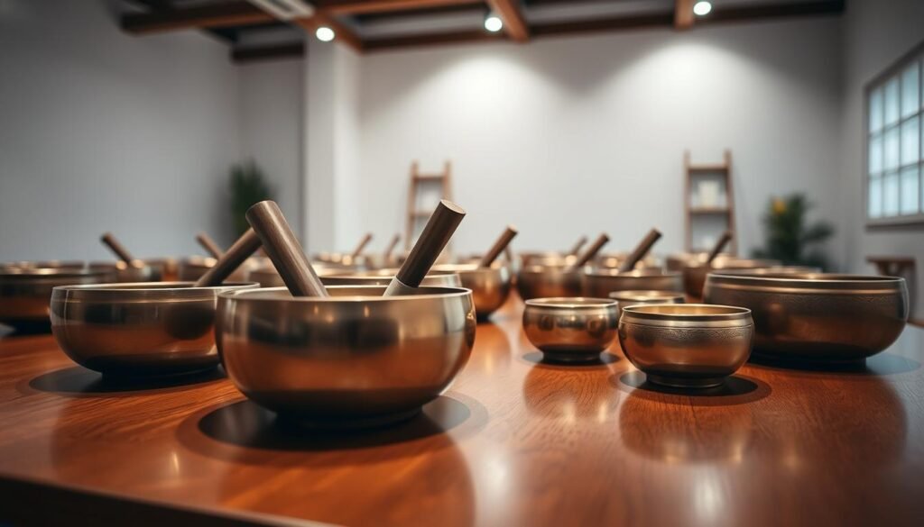 A serene studio filled with the harmonious resonance of singing bowls. Ornate bronze bowls of varying sizes sit atop a polished wooden table, their smooth surfaces reflecting the soft, diffused lighting from above. Bowls of different tones are positioned intentionally, creating a sense of balance and tranquility. The air is filled with the soothing, reverberating tones as the bowls are gently struck, their vibrations washing over the viewer. The scene exudes a calming, meditative atmosphere, inviting the observer to immerse themselves in the therapeutic power of sound. A serene studio filled with the harmonious resonance of singing bowls. Ornate bronze bowls of varying sizes sit atop a polished wooden table, their smooth surfaces reflecting the soft, diffused lighting from above. Bowls of different tones are positioned intentionally, creating a sense of balance and tranquility. The air is filled with the soothing, reverberating tones as the bowls are gently struck, their vibrations washing over the viewer. The scene exudes a calming, meditative atmosphere, inviting the observer to immerse themselves in the therapeutic power of sound.
