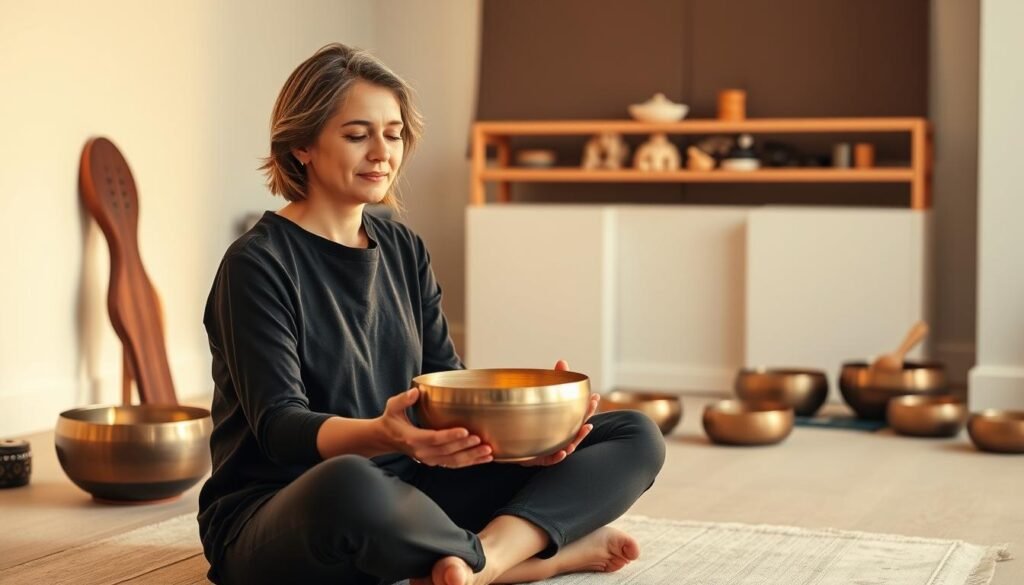 A serene studio setting with a focused individual seated cross-legged, holding a singing bowl in their hands. Soft, warm lighting illuminates the scene, casting a gentle glow. In the background, additional singing bowls and other sound healing tools are arranged neatly. The model's expression exudes a sense of deep concentration and inner peace, as they gently strike the bowl, creating a soothing, resonant tone that fills the space. The overall atmosphere conveys a tranquil, meditative ambiance, perfectly suited for a beginner's exploration of sound healing techniques.