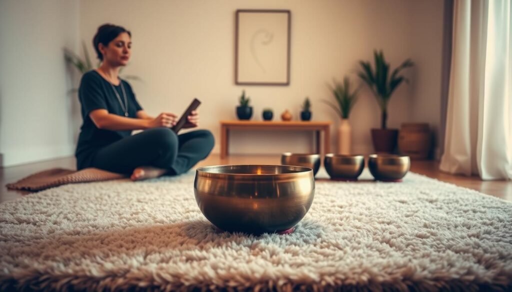 A serene studio setting with a person sitting cross-legged on a plush, beige rug, deeply engaged in playing a singing bowl. The room is bathed in soft, warm lighting, creating a calming, meditative atmosphere. The foreground features the singing bowl, its metallic surface reflecting the light as the person's hands gently strike the rim, generating a soothing, resonant tone. In the middle ground, various types of singing bowls are neatly arranged on a low wooden table, inviting the viewer to explore their therapeutic potential. The background depicts a minimalist, zen-inspired decor, with a few potted plants and a simple, abstract artwork on the wall, reinforcing the tranquil, introspective mood.