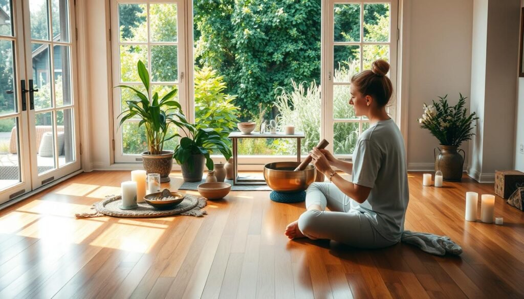 A serene, sun-lit room with a wooden floor. In the foreground, a person sits cross-legged, intently focused on playing a gleaming singing bowl, the calming vibrations filling the air. Surrounding the figure, an array of crystals, candles, and other spiritual artifacts create a tranquil, meditative atmosphere. In the middle ground, potted plants and a minimalist altar add to the soothing, earthy ambiance. The background features a large window, allowing natural light to stream in and a glimpse of a lush, verdant garden beyond, reinforcing the connection to nature and the peaceful, grounding energy of the scene.