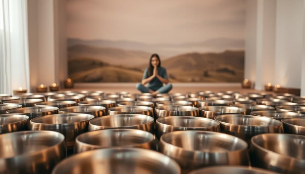 A serene virtual studio filled with an array of singing bowls in the foreground, their metallic surfaces reflecting the soft, warm lighting. In the middle ground, a person sits cross-legged, hands gently striking the bowls, producing a mesmerizing, soothing soundscape. The background features a calming, ethereal landscape, with muted hues and a sense of tranquility, conveying the meditative and spiritual nature of the virtual singing bowl workshop.