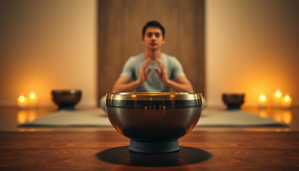 A serene virtual workshop, bathed in warm, ambient lighting. In the foreground, a tranquil singing bowl sits atop a wooden table, its gleaming surface reflecting the soft illumination. In the middle ground, a person sits cross-legged, eyes closed, hands poised delicately around the bowl, guiding its mesmerizing vibrations. The background blurs into a soothing, minimalist setting, with calming hues and subtle textures that evoke a sense of inner focus and meditative calm. The overall scene conveys a harmonious, immersive experience, perfectly suited for an online course on singing bowl spiritual healing.