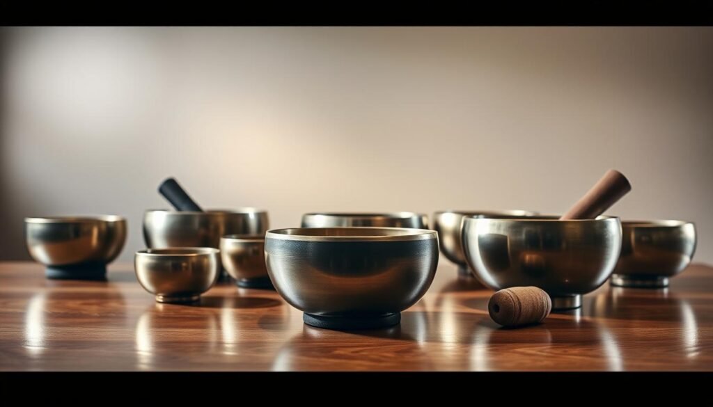 A serene, well-lit studio setting with a collection of handcrafted singing bowls positioned on a polished wooden surface. The bowls, in various sizes and metal hues, are arranged thoughtfully, reflecting the calming, meditative atmosphere. Soft, diffused lighting illuminates the scene, casting subtle shadows and highlights on the smooth, resonant surfaces of the bowls. The background is a muted, neutral-toned backdrop, allowing the focus to remain on the therapeutic, stress-relieving qualities of the singing bowls. The overall composition conveys a sense of tranquility and balance, inviting the viewer to immerse themselves in the restorative power of these ancient sound healing instruments.