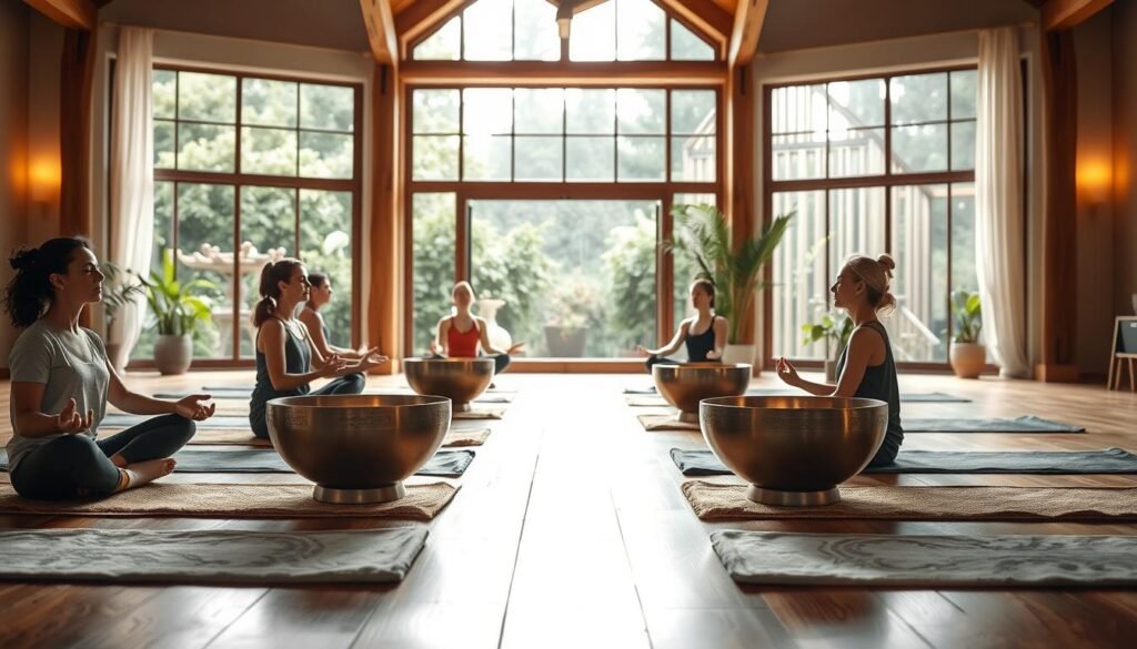 A serene yoga studio filled with natural light. In the foreground, a group of people seated on plush yoga mats, eyes closed, hands in a meditative pose, as they bask in the calming vibrations of crystal singing bowls placed in front of them. The middle ground features a large window overlooking a lush garden, creating a tranquil, nature-inspired ambiance. The background showcases wooden beams and soft, earthy tones, accentuating the grounding, soothing atmosphere. Warm, diffused lighting filters through the space, casting a gentle glow and emphasizing the connection between the practitioners, the singing bowls, and the natural world around them. A serene yoga studio filled with natural light. In the foreground, a group of people seated on plush yoga mats, eyes closed, hands in a meditative pose, as they bask in the calming vibrations of crystal singing bowls placed in front of them. The middle ground features a large window overlooking a lush garden, creating a tranquil, nature-inspired ambiance. The background showcases wooden beams and soft, earthy tones, accentuating the grounding, soothing atmosphere. Warm, diffused lighting filters through the space, casting a gentle glow and emphasizing the connection between the practitioners, the singing bowls, and the natural world around them.