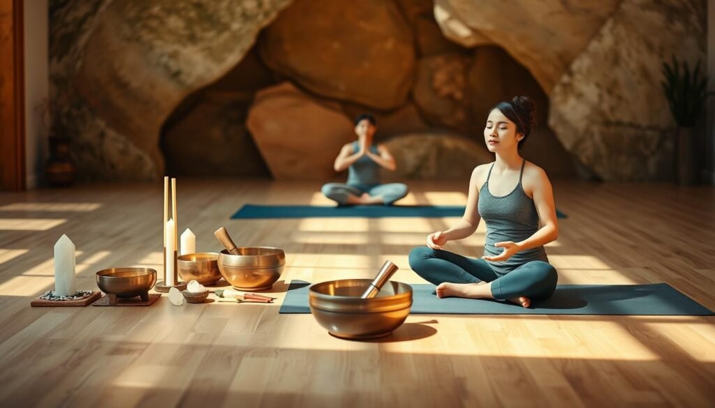 A serene yoga studio with warm, natural lighting. In the foreground, a person sits cross-legged on a yoga mat, palms resting on their knees, eyes closed in meditation as they hold a singing bowl. Surrounding them, an arrangement of various-sized singing bowls, incense, and crystals. In the middle ground, another person gently flows through a peaceful yoga pose, their movements in sync with the resonant tones of the bowls. The background features calming, abstract textures suggestive of natural elements like stone, wood, and water, creating a soothing, immersive atmosphere. A serene yoga studio with warm, natural lighting. In the foreground, a person sits cross-legged on a yoga mat, palms resting on their knees, eyes closed in meditation as they hold a singing bowl. Surrounding them, an arrangement of various-sized singing bowls, incense, and crystals. In the middle ground, another person gently flows through a peaceful yoga pose, their movements in sync with the resonant tones of the bowls. The background features calming, abstract textures suggestive of natural elements like stone, wood, and water, creating a soothing, immersive atmosphere.
