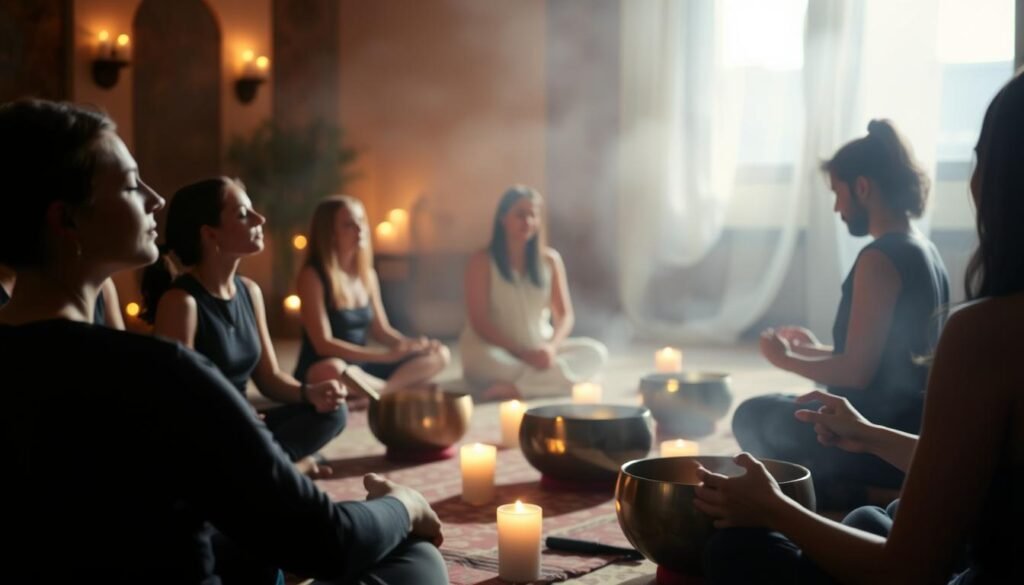 A tranquil, candlelit room where a sound healing ritual unfolds. In the foreground, a group of people sit cross-legged, their eyes closed, as they bask in the soothing tones of singing bowls. The middle ground reveals the healer, their hands gently striking the bowls, coaxing out a resonant melody that seems to vibrate through the space. In the background, a hazy, diffused light casts a warm, meditative glow, accentuating the serene ambiance. The scene conveys a sense of profound calm and introspection, as the participants surrender to the healing power of sound.