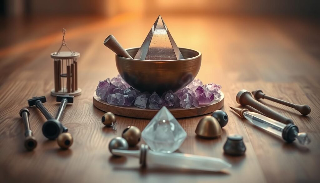 A tranquil crystal singing bowl, amethyst clusters, and a chakra-aligning meditation pyramid sit atop a serene wooden surface, bathed in warm, diffused lighting. Surrounding them are assorted sound healing tools - chimes, tingsha bells, a shamanic drum, and a quartz crystal wand. The scene evokes a calming, meditative atmosphere, inviting the viewer to engage in a soothing chakra-balancing ritual. A tranquil crystal singing bowl, amethyst clusters, and a chakra-aligning meditation pyramid sit atop a serene wooden surface, bathed in warm, diffused lighting. Surrounding them are assorted sound healing tools - chimes, tingsha bells, a shamanic drum, and a quartz crystal wand. The scene evokes a calming, meditative atmosphere, inviting the viewer to engage in a soothing chakra-balancing ritual.