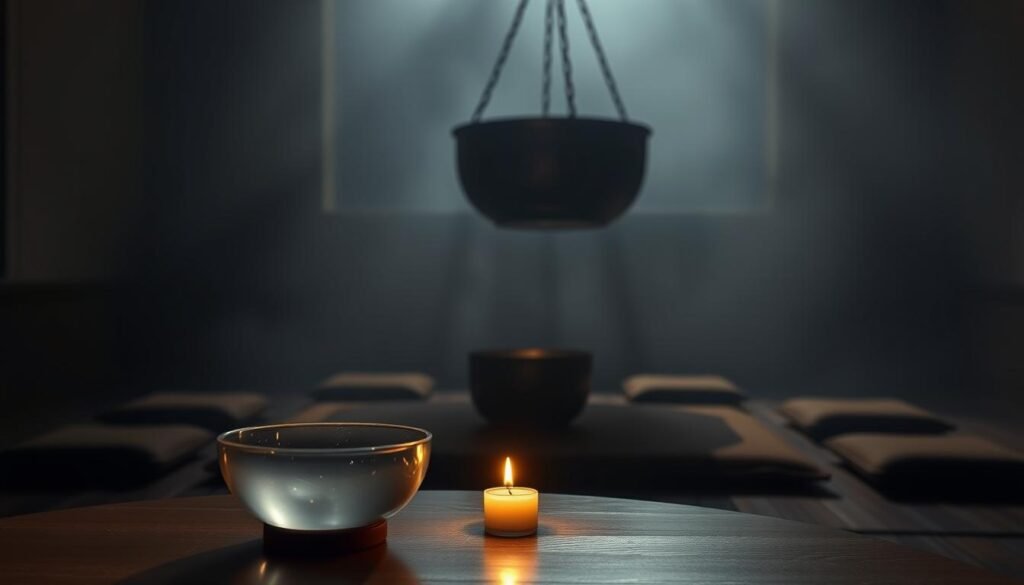 A tranquil, dimly lit room with a holistic course on singing bowls taking center stage. In the foreground, a pristine crystal singing bowl sits atop a wooden table, its surface reflecting the soft, warm glow of a single candle. Surrounding the bowl, an array of meditation cushions invite the viewer to sit and immerse themselves in the soothing vibrations. In the middle ground, a large, ornate singing bowl hangs suspended, its intricate patterns and metallic sheen catching the subtle shadows cast by the low-angle lighting. The background is shrouded in a hazy, atmospheric mist, creating a sense of depth and mystery, as if the viewer is transported to a secluded, sacred space dedicated to the art of sound healing.