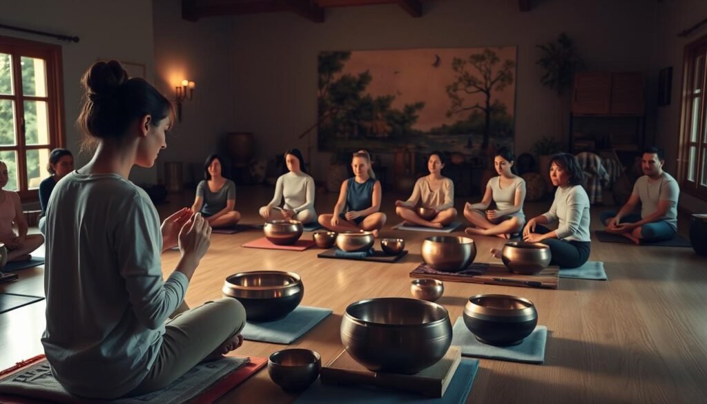 A tranquil, dimly lit studio filled with people sitting cross-legged on meditation cushions, surrounded by an array of singing bowls, chimes, and other sound healing instruments. Soft, warm lighting casts a soothing glow, creating an atmosphere of serenity and focus. In the foreground, a skilled instructor, bathed in a serene light, demonstrates the proper techniques for striking and activating the singing bowls, guiding beginners through a calming, meditative sound journey. The middle ground features students of all ages and backgrounds, their eyes closed in deep concentration, as they follow the instructor's lead. In the background, a serene, nature-inspired mural or a window overlooking a peaceful garden completes the calming, restorative scene.