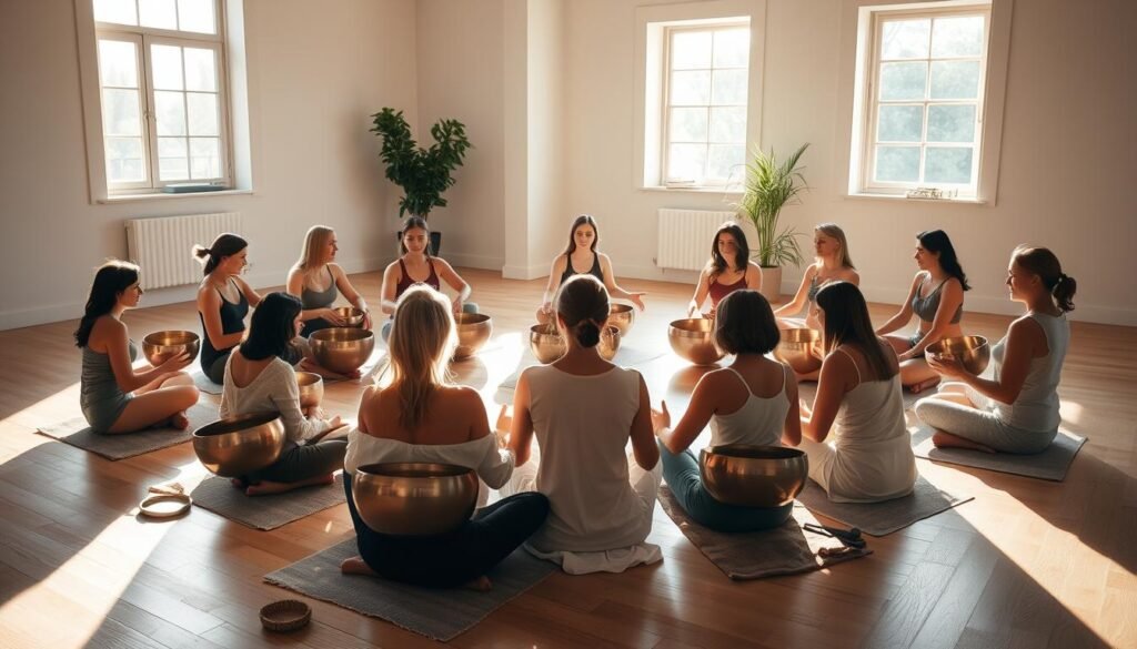 A tranquil group session in a sun-drenched studio, participants seated in a circle, each holding a gleaming singing bowl. Gentle light filters through large windows, casting a warm glow on the scene. The bowls emit a soothing, resonant hum, their vibrations pulsing through the space, promoting deep relaxation and inner harmony. In the center, a skilled practitioner guides the group, their movements fluid and meditative. An atmosphere of profound stillness and focused attention pervades the room, as participants surrender to the healing power of the singing bowls.