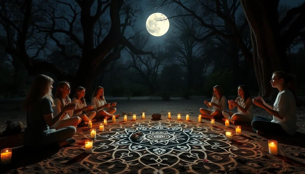A tranquil moonlit ritual unfolds in a serene forest clearing. In the foreground, a group of people sit cross-legged, their bodies bathed in the soft glow of flickering candles and the luminous full moon above. They hold singing bowls, their gentle chimes reverberating through the night air, creating a mesmerizing soundscape. The middle ground reveals an ornate mandala pattern traced on the ground, adorned with flowers and crystals. In the background, ancient trees stand watch, their branches casting intriguing shadows. The atmosphere is one of deep introspection and spiritual connection, inviting the viewer to join in the transformative power of the full moon ceremony.