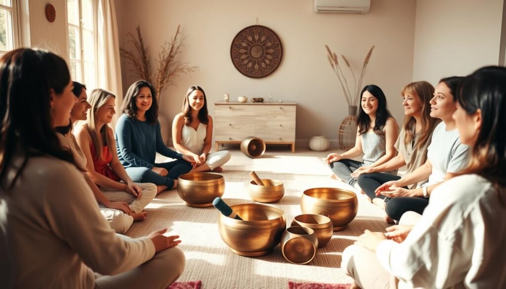 A tranquil room filled with serene individuals sharing their heartfelt testimonials about the transformative power of sound healing workshops. The foreground features a group of people sitting in a circle, their faces expressing a sense of peace and inner calm. Soft, natural lighting filters through large windows, casting a warm glow on the scene. In the middle ground, a collection of traditional singing bowls and other sound healing instruments are arranged, hinting at the restorative practice that has impacted the participants. The background blends a soothing, minimalist decor with muted tones, creating an atmosphere of introspection and wellness. The overall composition conveys the profound, transformative experience of these sound healing workshops.