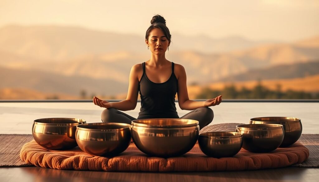 A tranquil scene of a person sitting cross-legged on a plush, earthy-toned meditation cushion, their eyes closed in deep concentration. Surrounding them are several gleaming, polished singing bowls of varying sizes, arranged in a semicircle. Warm, diffused lighting bathes the space, creating a serene, contemplative atmosphere. In the background, a blurred, minimalist landscape suggests a peaceful, natural setting. The image conveys a sense of focused, mindful introspection, with the singing bowls acting as tools for guided imagery and emotional exploration.
