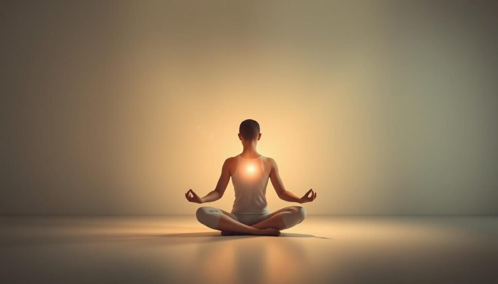 A tranquil scene of a person sitting in a meditative lotus position, surrounded by a serene, minimalist environment. Soft, diffused lighting illuminates the figure, casting a warm, calming glow. The background features a neutral, muted color palette, with subtle textures and gradients to create a sense of depth and atmosphere. Wisps of energy or light emanate from the figure, visually representing the process of energy clearing and chakra balancing. The overall composition evokes a sense of inner peace, focus, and spiritual connection. A tranquil scene of a person sitting in a meditative lotus position, surrounded by a serene, minimalist environment. Soft, diffused lighting illuminates the figure, casting a warm, calming glow. The background features a neutral, muted color palette, with subtle textures and gradients to create a sense of depth and atmosphere. Wisps of energy or light emanate from the figure, visually representing the process of energy clearing and chakra balancing. The overall composition evokes a sense of inner peace, focus, and spiritual connection.