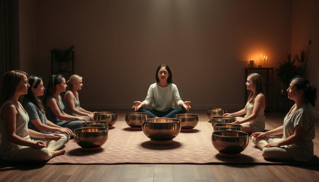 A tranquil scene of a sound healing workshop, with a group of beginners sitting cross-legged on the floor, their eyes closed in meditation. In the center, a skilled practitioner delicately plays a collection of singing bowls, their soothing tones filling the dimly lit room. Soft, warm lighting casts a gentle glow, creating an atmosphere of profound relaxation and introspection. The walls are adorned with natural elements like plants and crystals, further enhancing the calming ambiance. The participants are dressed in comfortable, earth-toned attire, their faces serene and focused as they immerse themselves in the restorative power of the singing bowls. A sense of harmony and balance permeates the space, inviting the viewer to experience the transformative benefits of this ancient practice.