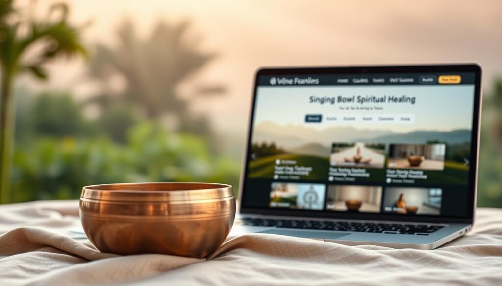 A tranquil scene of an online learning platform showcasing courses on singing bowl spiritual healing. In the foreground, a calming close-up of a copper singing bowl resting on a soft, beige fabric. The middle ground features a laptop display with a serene, nature-inspired interface, showcasing course modules and video lessons. The background depicts a soothing, out-of-focus landscape with lush greenery and a hazy, golden-hour lighting, creating a meditative atmosphere. The entire composition is captured with a warm, subtle color palette and a shallow depth of field, emphasizing the focus on the singing bowl and the online learning experience.