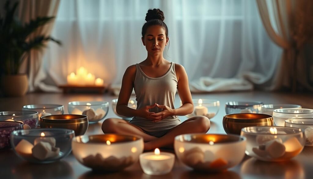 A tranquil scene of chakra cleansing meditation, with a person sitting cross-legged in a dimly lit room, surrounded by an array of crystal singing bowls in various sizes and colors. The bowls are placed in a semicircle, emitting a soft, ethereal glow, creating a serene and calming atmosphere. The figure's hands are resting gently on their lap, eyes closed, as they focus on their breath and the soothing vibrations of the crystal bowls. Soft, warm lighting from overhead fixtures casts a gentle, diffused illumination, accentuating the translucent qualities of the crystals. The background is blurred, with a subtle hint of natural elements, such as potted plants or draped fabrics, adding to the sense of a peaceful, restorative space. A tranquil scene of chakra cleansing meditation, with a person sitting cross-legged in a dimly lit room, surrounded by an array of crystal singing bowls in various sizes and colors. The bowls are placed in a semicircle, emitting a soft, ethereal glow, creating a serene and calming atmosphere. The figure's hands are resting gently on their lap, eyes closed, as they focus on their breath and the soothing vibrations of the crystal bowls. Soft, warm lighting from overhead fixtures casts a gentle, diffused illumination, accentuating the translucent qualities of the crystals. The background is blurred, with a subtle hint of natural elements, such as potted plants or draped fabrics, adding to the sense of a peaceful, restorative space.
