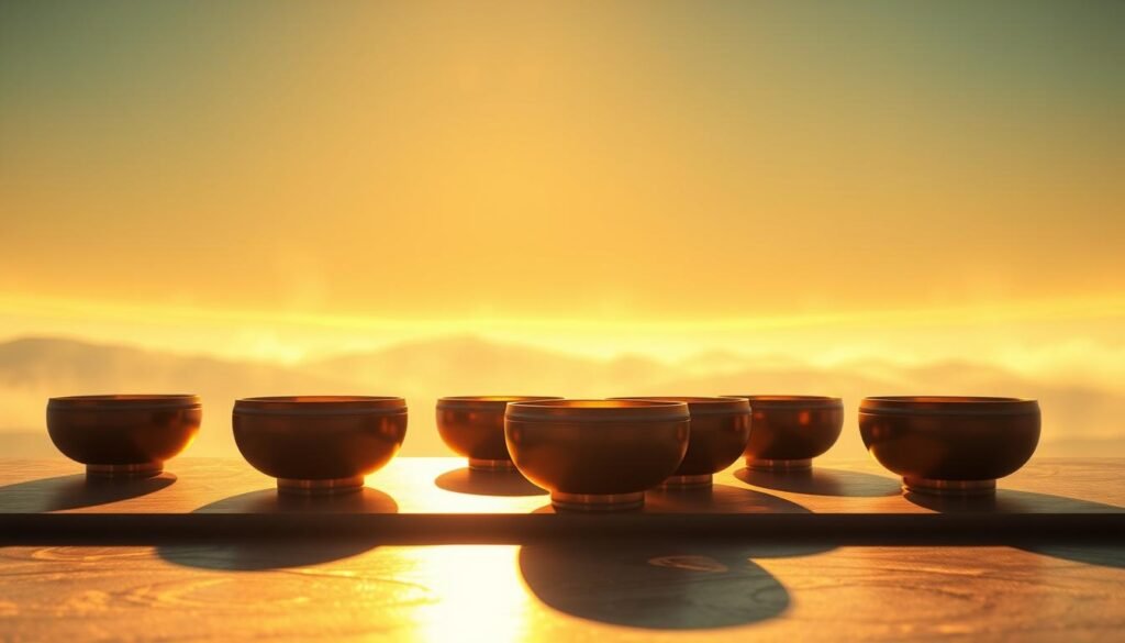 A tranquil scene of vibrant, pulsating singing bowls bathed in warm, golden light. The bowls are positioned on a serene, reflective surface, emanating soothing, healing vibrations that permeate the space. Soft shadows cast by the bowls create a mesmerizing, three-dimensional effect. The background is a hazy, ethereal landscape, conveying a sense of otherworldly, meditative calm. The overall composition evokes a deeply resonant, harmonious energy, perfectly capturing the scientific principles behind the restorative power of singing bowls.