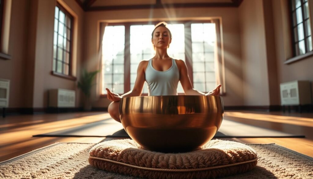 A tranquil studio setting with a yogi in a serene lotus pose, their eyes closed in deep meditation. In the foreground, a gleaming singing bowl rests on a plush floor cushion, its metallic surface reflecting the warm lighting. Soft beams of sunlight filter in through large windows, casting a natural glow across the scene. The atmosphere is one of profound calm and introspection, inviting the viewer to join in the restorative experience of combining yoga and sound therapy. The camera angle is slightly elevated, capturing the harmonious interplay of the human and the object in a visually balanced composition. A tranquil studio setting with a yogi in a serene lotus pose, their eyes closed in deep meditation. In the foreground, a gleaming singing bowl rests on a plush floor cushion, its metallic surface reflecting the warm lighting. Soft beams of sunlight filter in through large windows, casting a natural glow across the scene. The atmosphere is one of profound calm and introspection, inviting the viewer to join in the restorative experience of combining yoga and sound therapy. The camera angle is slightly elevated, capturing the harmonious interplay of the human and the object in a visually balanced composition.