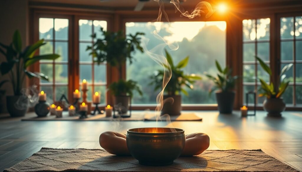 A tranquil yoga studio bathed in warm, soft lighting. In the foreground, a person sits cross-legged on a plush mat, their hands gently cradling a gleaming singing bowl. Wisps of incense curl through the air, creating a hazy, meditative atmosphere. In the middle ground, lush potted plants and candles flicker, while the background showcases large windows overlooking a serene garden landscape. The overall scene exudes a sense of harmony, balance, and a retreat from the outside world, inviting the viewer to join in the restorative practice. A tranquil yoga studio bathed in warm, soft lighting. In the foreground, a person sits cross-legged on a plush mat, their hands gently cradling a gleaming singing bowl. Wisps of incense curl through the air, creating a hazy, meditative atmosphere. In the middle ground, lush potted plants and candles flicker, while the background showcases large windows overlooking a serene garden landscape. The overall scene exudes a sense of harmony, balance, and a retreat from the outside world, inviting the viewer to join in the restorative practice.