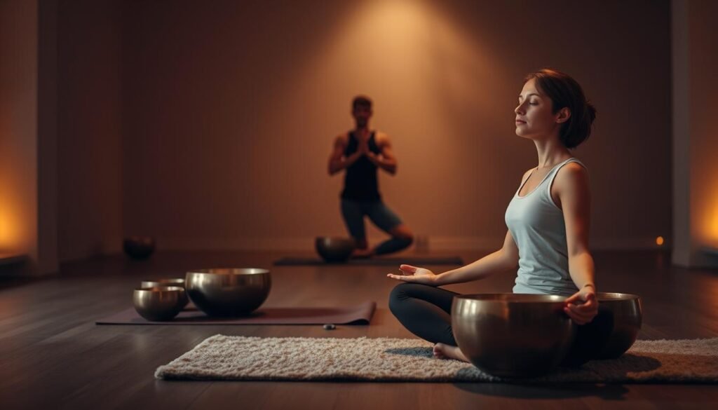 A tranquil yoga studio, dimly lit with warm, soft lighting. In the foreground, a person sits cross-legged on a plush mat, hands resting gently on their knees, eyes closed in deep meditation. Beside them, a collection of shimmering singing bowls, their surfaces reflecting the gentle glow. In the middle ground, another individual guides the practice, their movements fluid and graceful, leading the student through a series of soothing asanas. The background is hazy, with a sense of serenity and calm permeating the space, creating an atmosphere conducive to mindful relaxation and healing. A tranquil yoga studio, dimly lit with warm, soft lighting. In the foreground, a person sits cross-legged on a plush mat, hands resting gently on their knees, eyes closed in deep meditation. Beside them, a collection of shimmering singing bowls, their surfaces reflecting the gentle glow. In the middle ground, another individual guides the practice, their movements fluid and graceful, leading the student through a series of soothing asanas. The background is hazy, with a sense of serenity and calm permeating the space, creating an atmosphere conducive to mindful relaxation and healing.