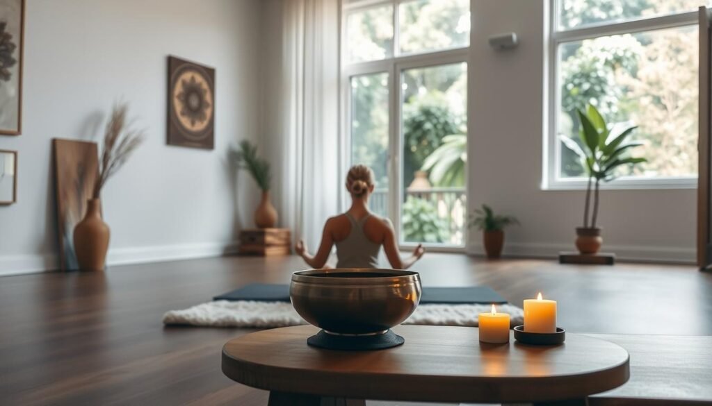 A tranquil yoga studio filled with natural light, a person in a serene lotus pose on a plush mat, a singing bowl resting on a wooden table nearby, its metal surface reflecting the warm glow of a single candle. Soft ambient music plays, creating a soothing, meditative atmosphere. The walls are adorned with minimalist, earth-toned artwork, and a large window offers a view of a lush, verdant garden outside. The lighting is soft and diffused, casting a gentle, calming radiance throughout the space. A tranquil yoga studio filled with natural light, a person in a serene lotus pose on a plush mat, a singing bowl resting on a wooden table nearby, its metal surface reflecting the warm glow of a single candle. Soft ambient music plays, creating a soothing, meditative atmosphere. The walls are adorned with minimalist, earth-toned artwork, and a large window offers a view of a lush, verdant garden outside. The lighting is soft and diffused, casting a gentle, calming radiance throughout the space.